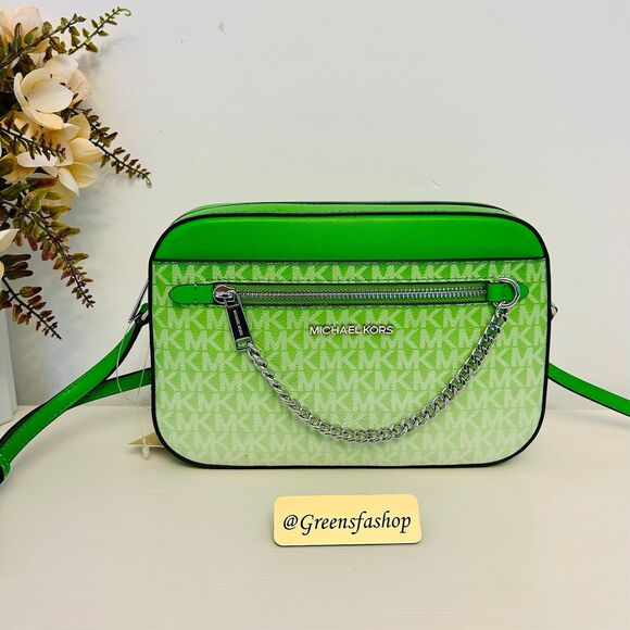 Michael Kors Purse Jet Set Ombré Signature Logo Crossbody Body Bag Jungle Green - Picture 1 of 9